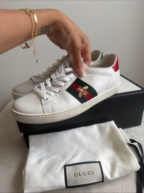 Gucci ace White Leather Sneakers with Red-Green Web and Gold Bee size 36